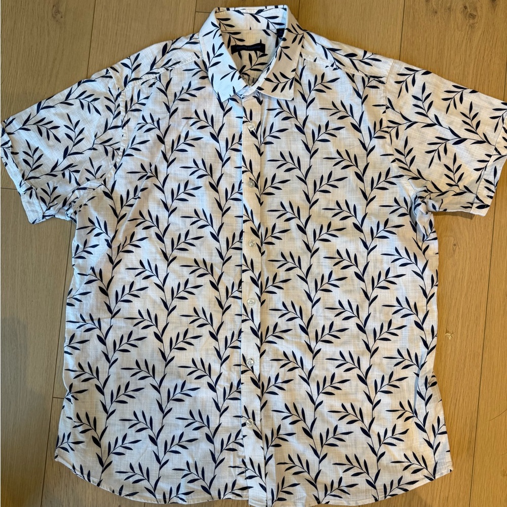 Patrick Assaraf White and Blue linen Leaf Print Shirt